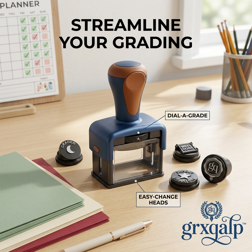 Grxqalp™ 4-in-1 Self-Inking Teacher Stamp – Interchangeable Head Grading System with Dial-a-Grade Feature, Customizable Classroom Marking Tool for Teachers & Parents