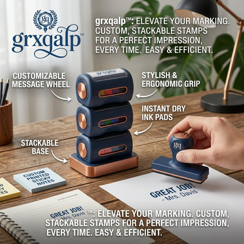 grxqalp™ Stackable Customizable Rubber Stamp System – Personalized Self-Inking Message Stamp for Teachers & Office – Ergonomic, Instant-Dry Ink, Sleek Copper Accent Design