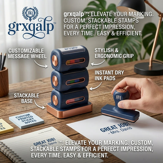 grxqalp™ Stackable Customizable Rubber Stamp System – Personalized Self-Inking Message Stamp for Teachers & Office – Ergonomic, Instant-Dry Ink, Sleek Copper Accent Design