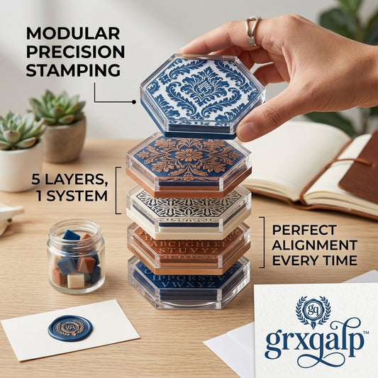grxqalp™ Modular Precision Stamping System | 5-in-1 Stackable Wax Seal Stamp Kit | Professional Alignment Tool for DIY Crafts, Invitations, Journals, & Personalized Stationery
