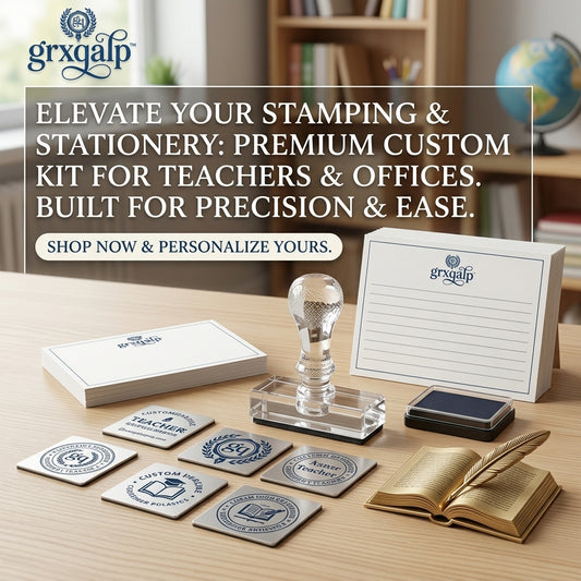 grxqalp™ Deluxe Custom Stationery & Stamping Kit – Personalized Rubber Stamp Set, Elegant Lined Note Cards, & Professional Desk Decor – The Ultimate Organizational Gift for Teachers & Office Executives