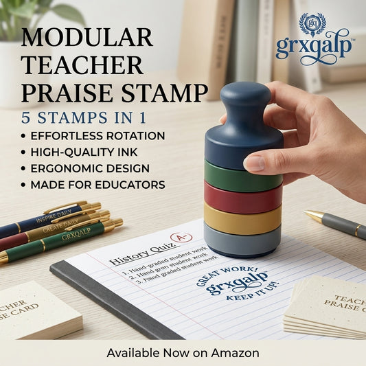 grxqalp™ 5-in-1 Modular Teacher Praise Stamp – Self-Inking Grading Stamp for Classroom, Multi-Function Interchangeable Feedback Stamp for Teachers, Ergonomic Design, Ideal Back to School Gift