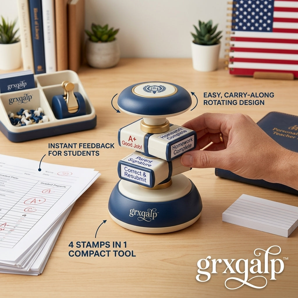 grxqalp™ 4-in-1 Rotating Teacher Stamp – Self-Inking Grading & Feedback Stamp – Compact Classroom Supply for Homework, Parent Signatures & Evaluation