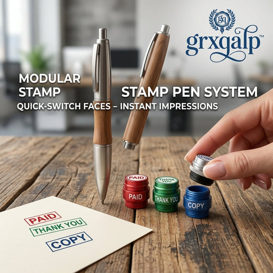 grxqalp™ Modular Stamp Pen System - 2-in-1 Executive Wood & Metal Ballpoint Pen with Quick-Switch Interchangeable Stamp Faces (PAID, THANK YOU, COPY) for Office, Invoicing, and Professional Gift Set